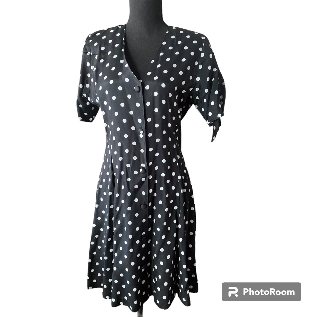 Clio Petites Vintage 80s Women’s button down black/ white Polka Dot Dress sz 8P