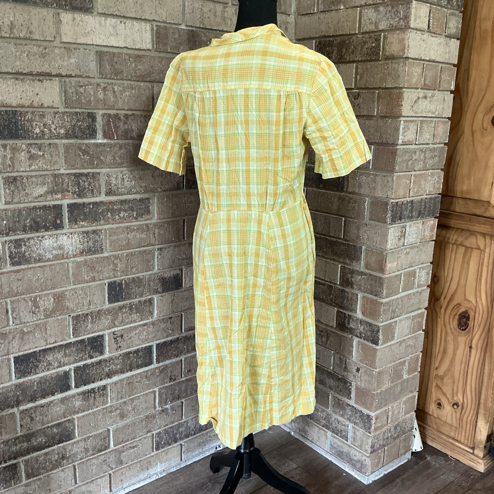 60s 70s VINTAGE Yellow Plaid Shirtwaist Midi Dress Button Front Size M #4901