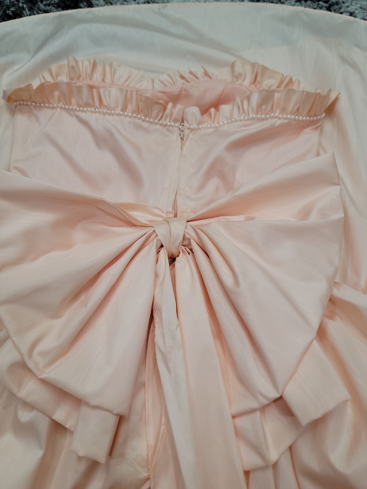 Vintage 80s Peach Taffeta Strapless Dress Ruffle Prom Formal Party Cocktail Gown