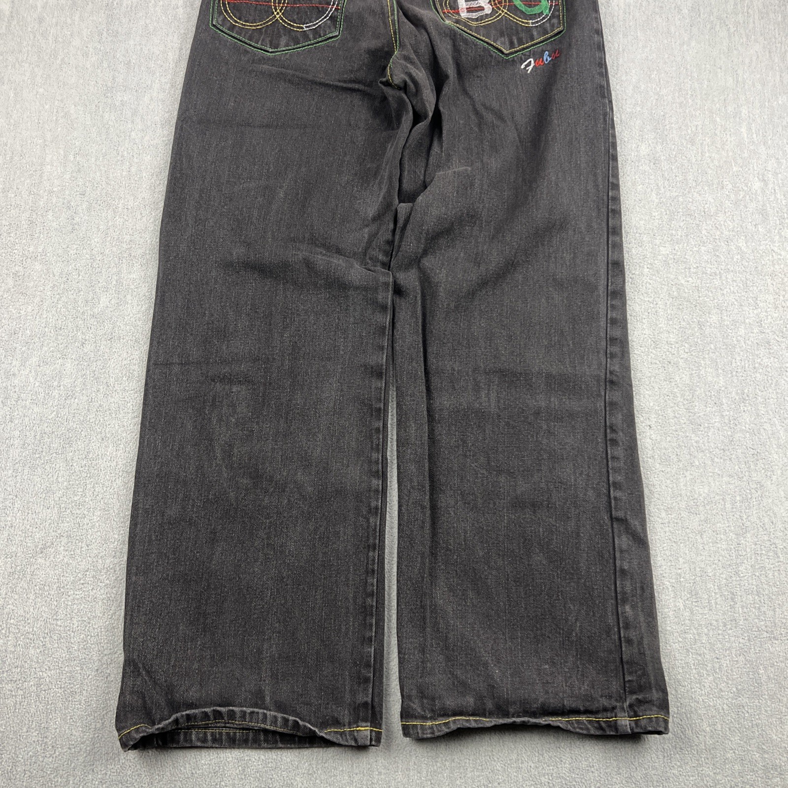 Vintage FUBU 90s Jeans Sz 16 (26×28) Distress Embroidered Pockets Baggy Skater