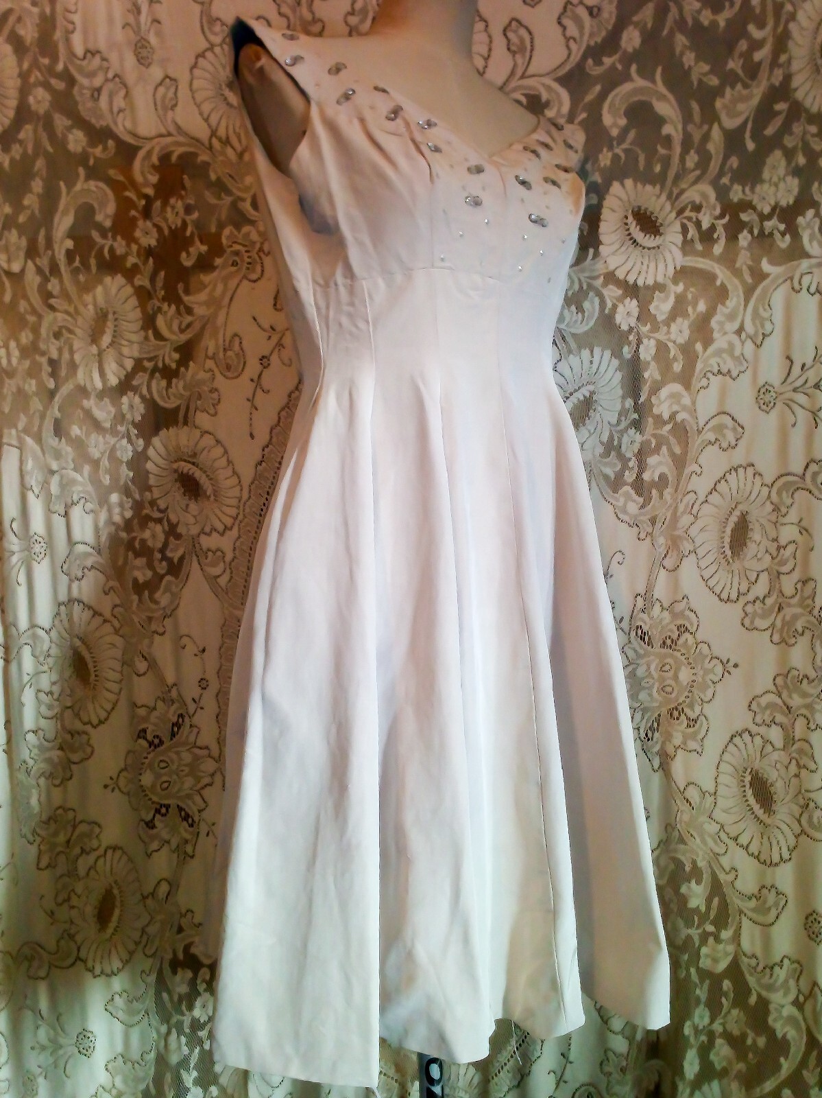 VTG 1950s Cocktail Dress Faille Fit To Flair w/ Full Circle Skirt Beaded Top XXS