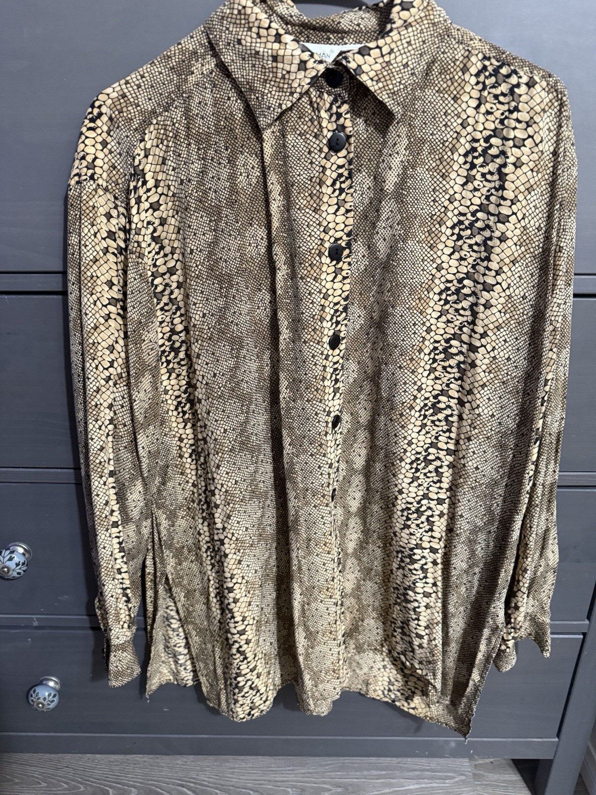 Vtg 80s 90s Taupe Black Snakeskin Print Blouse Dorman Top Large 100% Silk