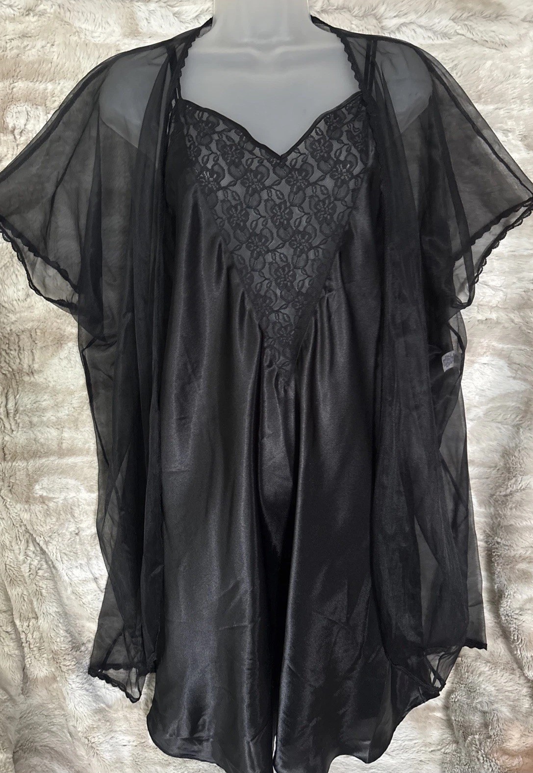 Vintage Peignoir Set Black Shiny Satin Nylon & Lace Sheer Overlay Robe 14/16