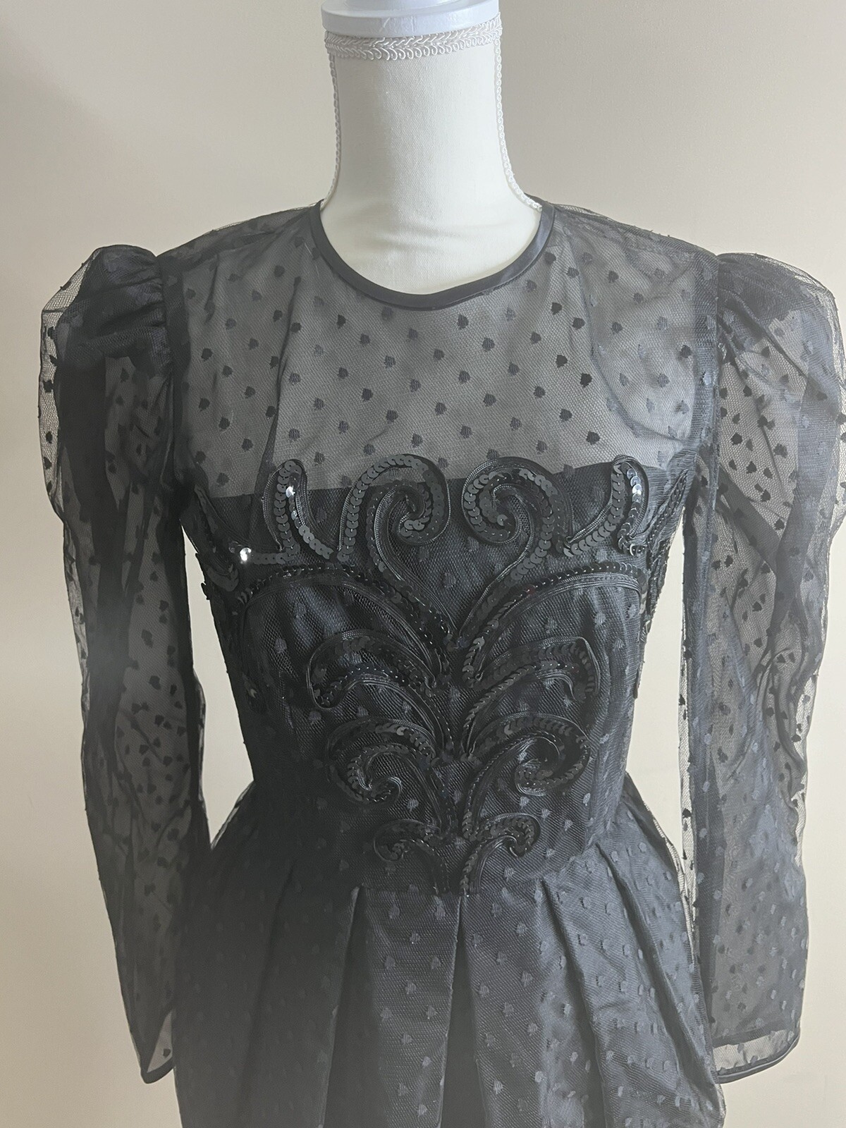Vintage Nuit Black 1980 Prom Dress Sheer Overlay 6 Halloween Wednesday Adams