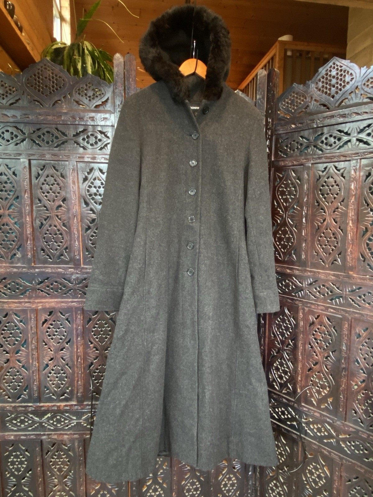 VTG Donnybrook 100% Wool Gray Maxi Coat Womens M Hooded Real Fur Opera