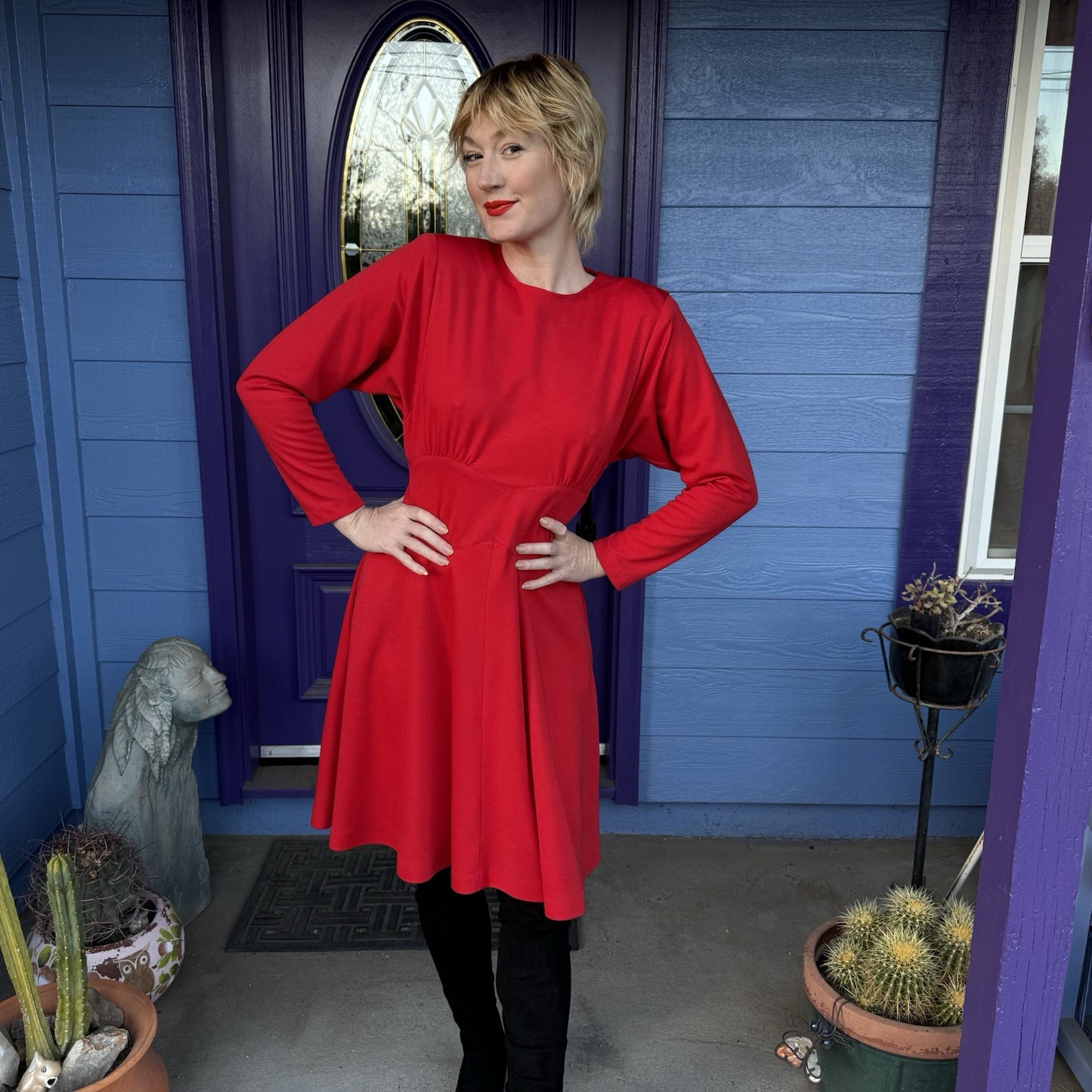 Red Studio E vintage 80s 90s Midi dress long sleeves Size Small Holiday Party