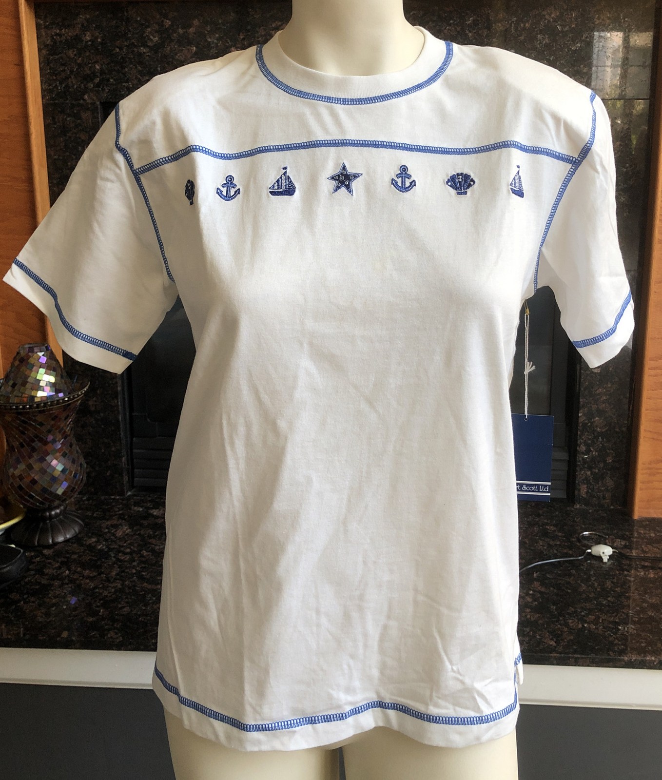 Vtg Robert Scott Ltd Women’s 80s Shirt Top White Sz Small Blue Embroidery NWT