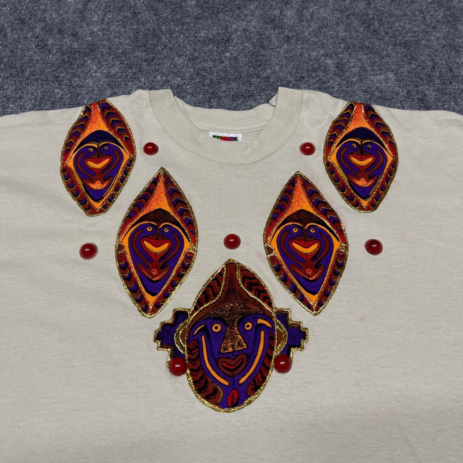 VTG FOTL T-Shirt Womens Tan Indigenous Tribal Mask Embellished XXL Made in USA