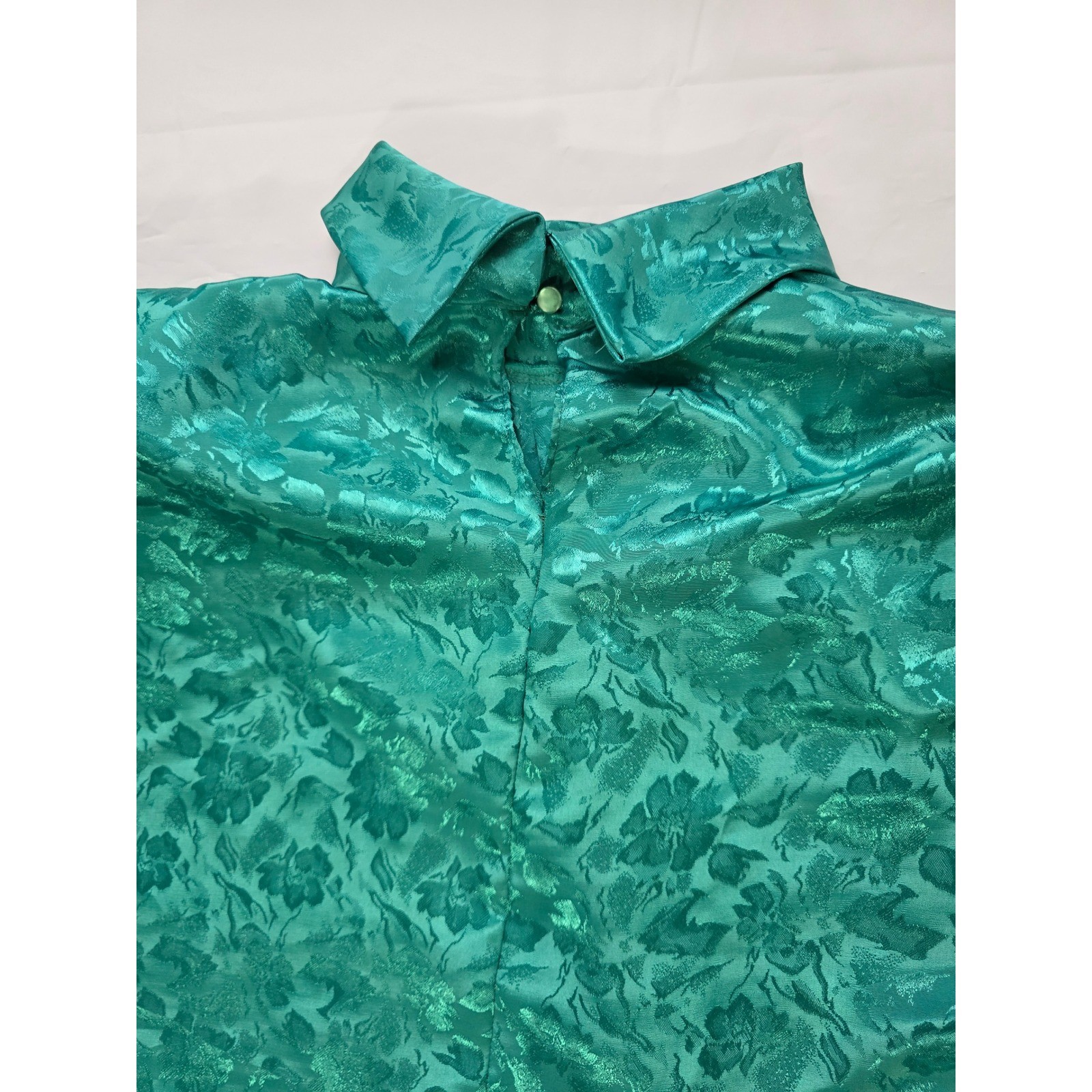 Cindy Collins Vintage Emerald Green Floral Jacquard Mock Neck Blouse Large USA