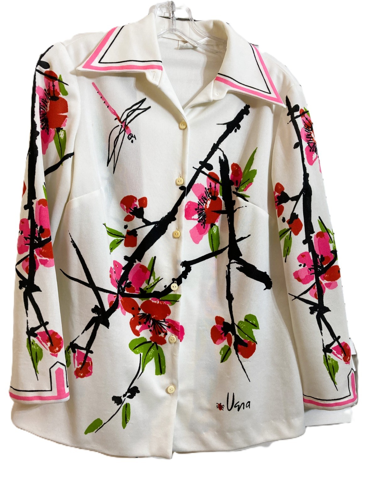 1970s VERA Neumann Cherry Blossom & Dragonfly Print Top Pink White Green Red 16