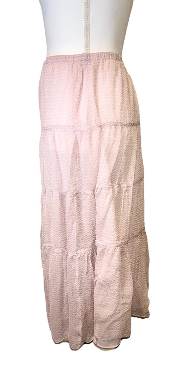 Vintage Intuitions 100% Silk Tiered Ruffle Midi Skirt Blush Pink Geometric L