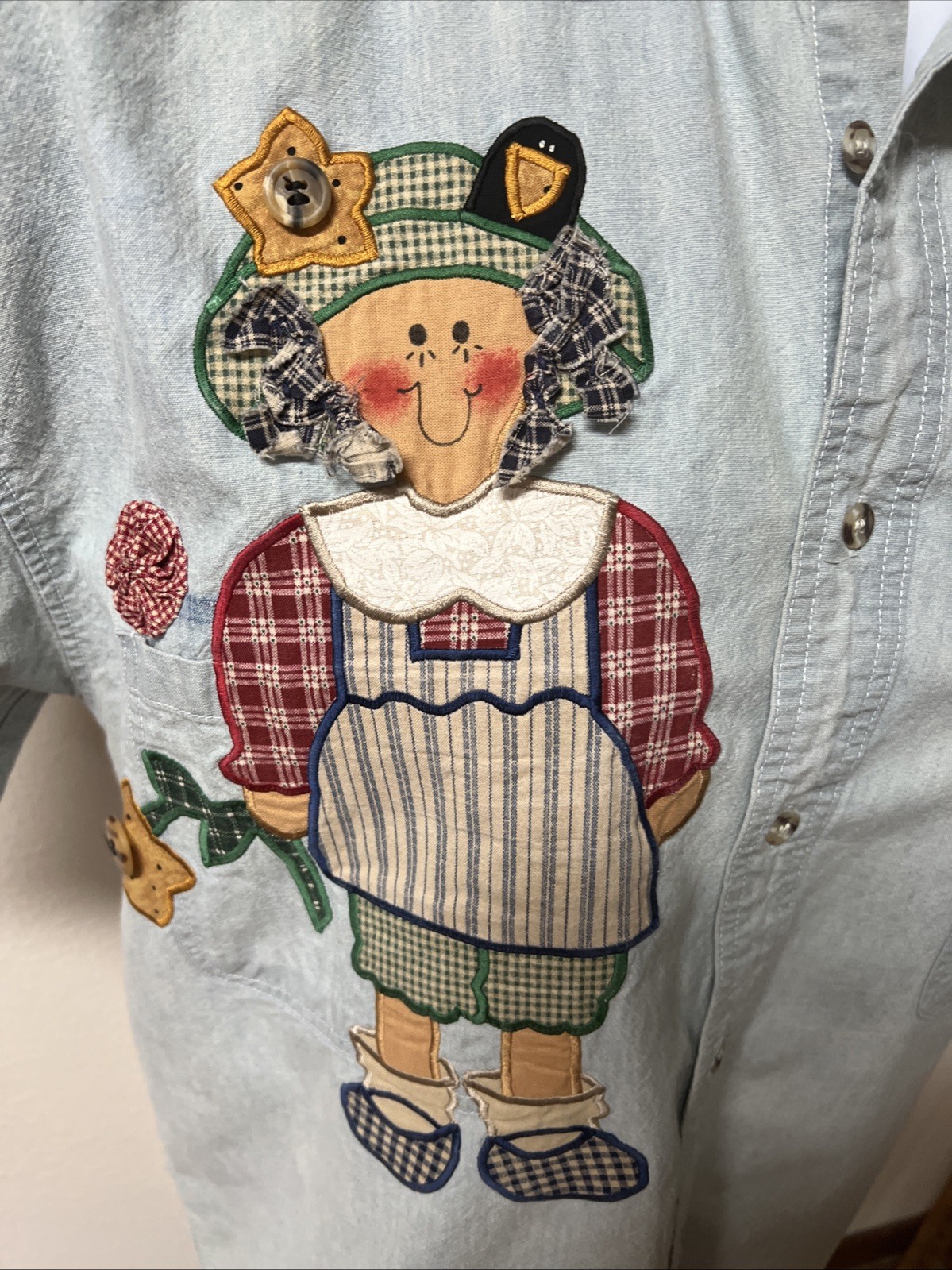 Vtg 1990 Sunbelt Sportswear Chambray Blouse Shirt Applique Gardening Boho Sz M