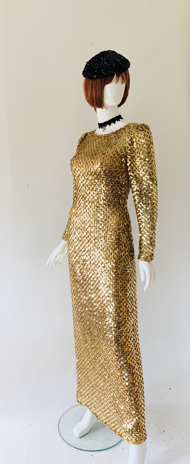 VTG Late 60’s Early 70’s Gold Bombshell Wiggle Full Length VLV Dress Sz S-M