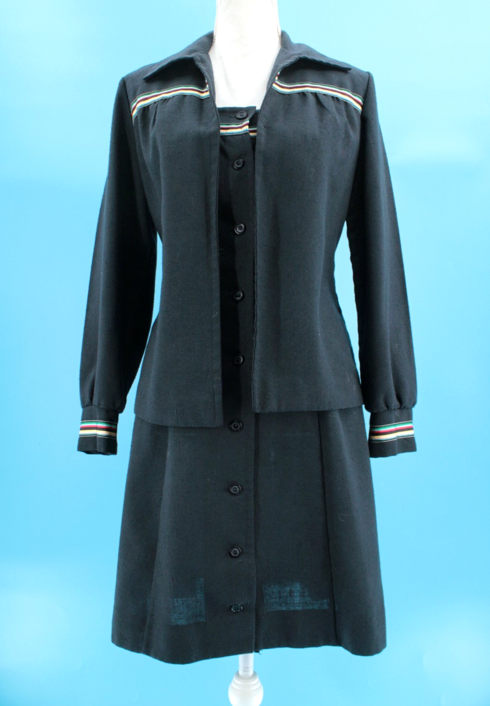 Vtg Women’s 70s 2 Pc Black W/ Rainbow Trim Dress & Top / Shirt Set XS/S 1970s