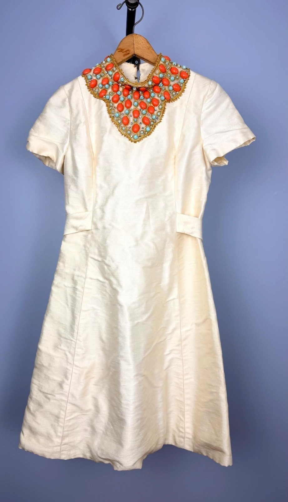 Vintage 1960’s Cream Silk Turquoise Coral Beaded Cocktail Dress Size XS