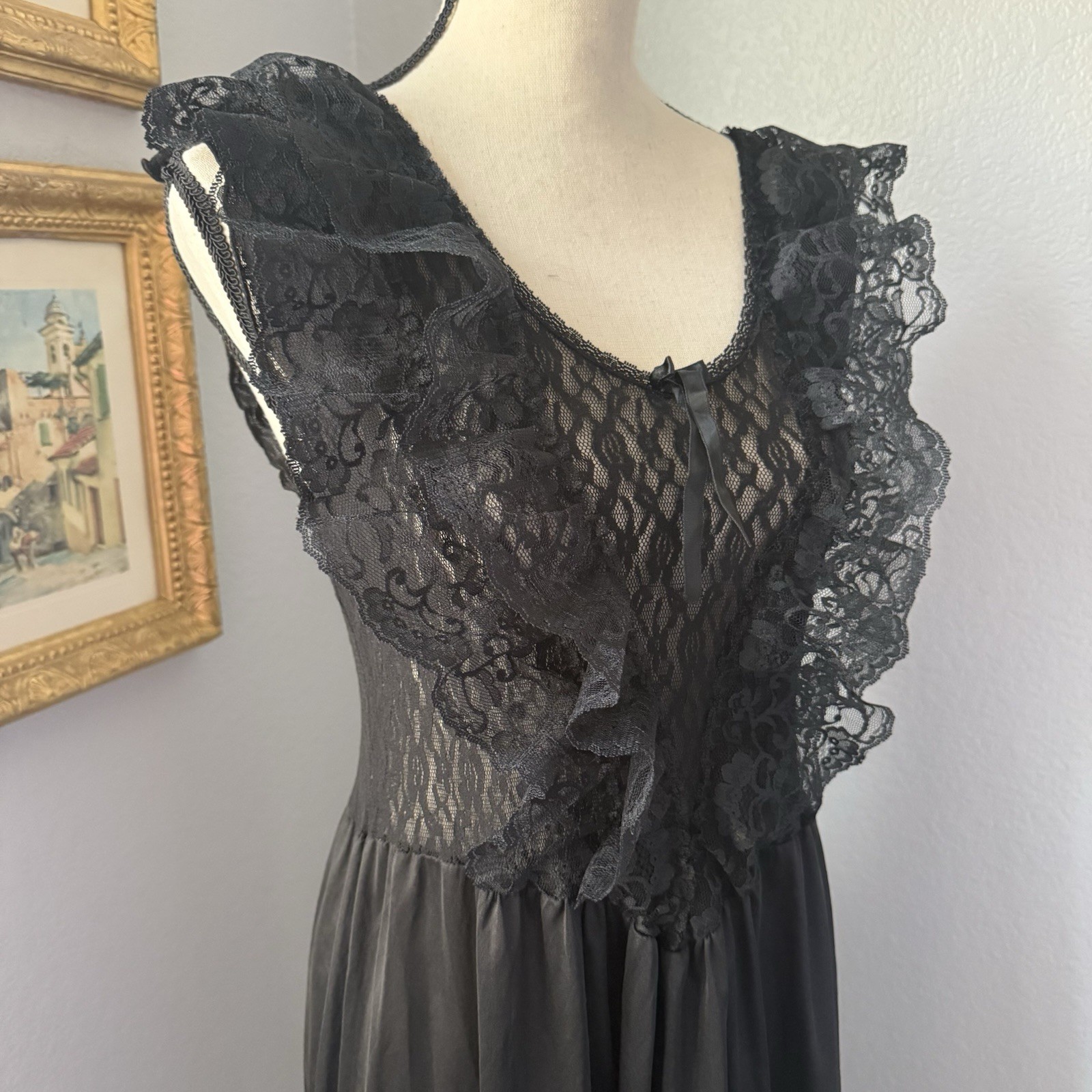 Vintage Black Nylon Slip Dress Dark Coquette Babydoll Lace Festival Rave Witchy