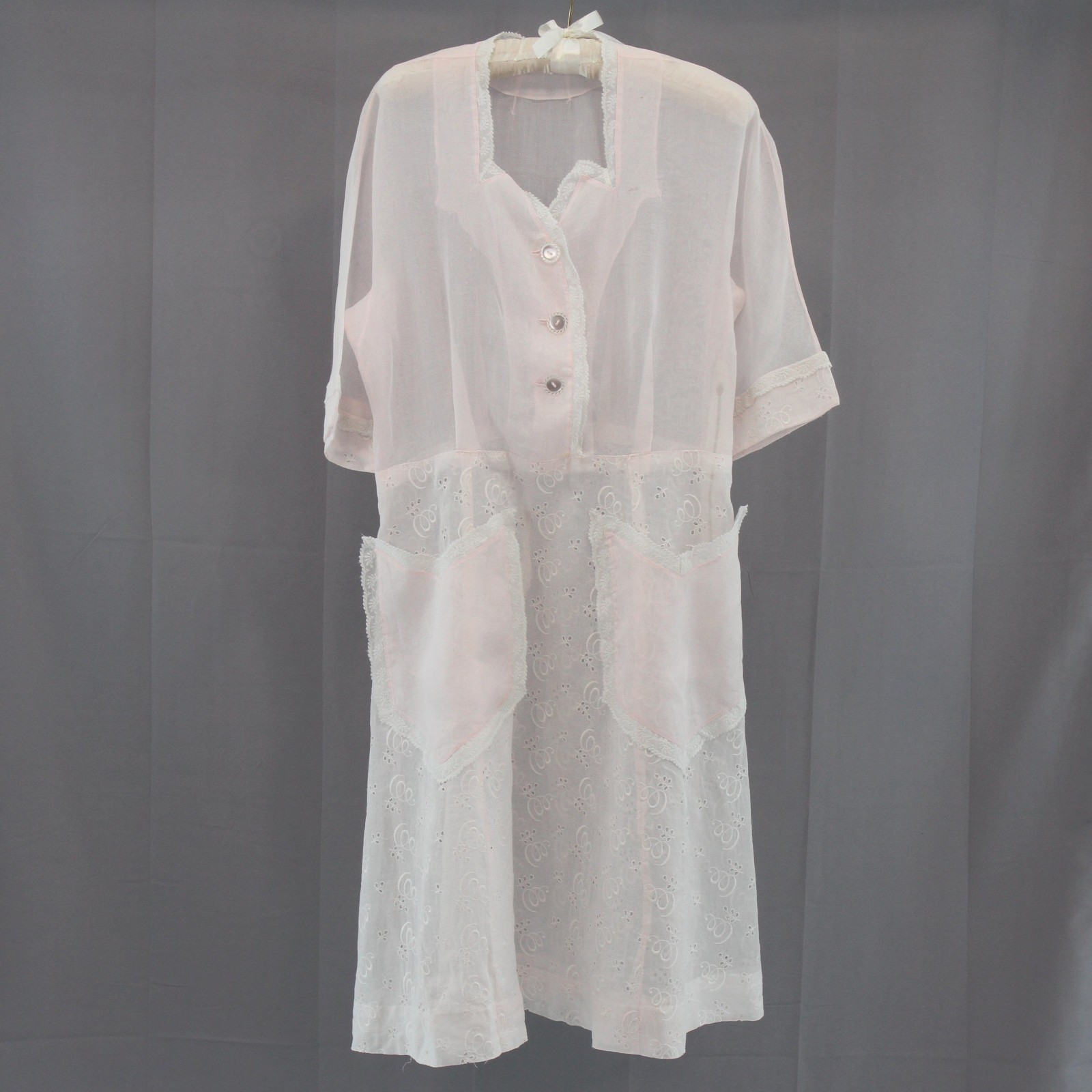 Vintage 1940s-50s Pink Organdy Embroidered Dress Lace Trim Hand Sewn Hem