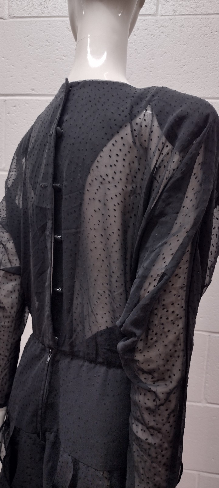 80s Batwing Sheer Chiffon Dress Black Flapper Scallop 80s Dolman Sleeves M/L