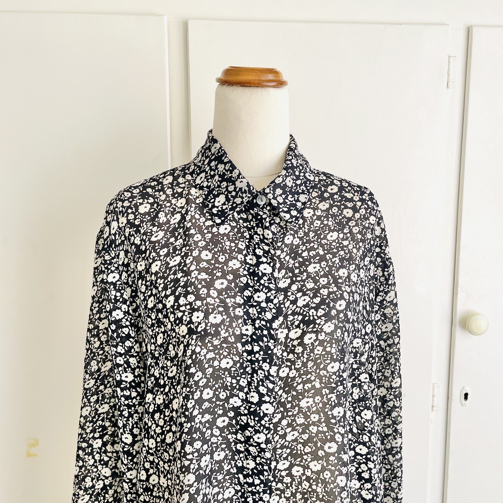Vintage 90’s Womens Any Wear Black Floral Semi Sheer Blouse Shirt Top Size 18