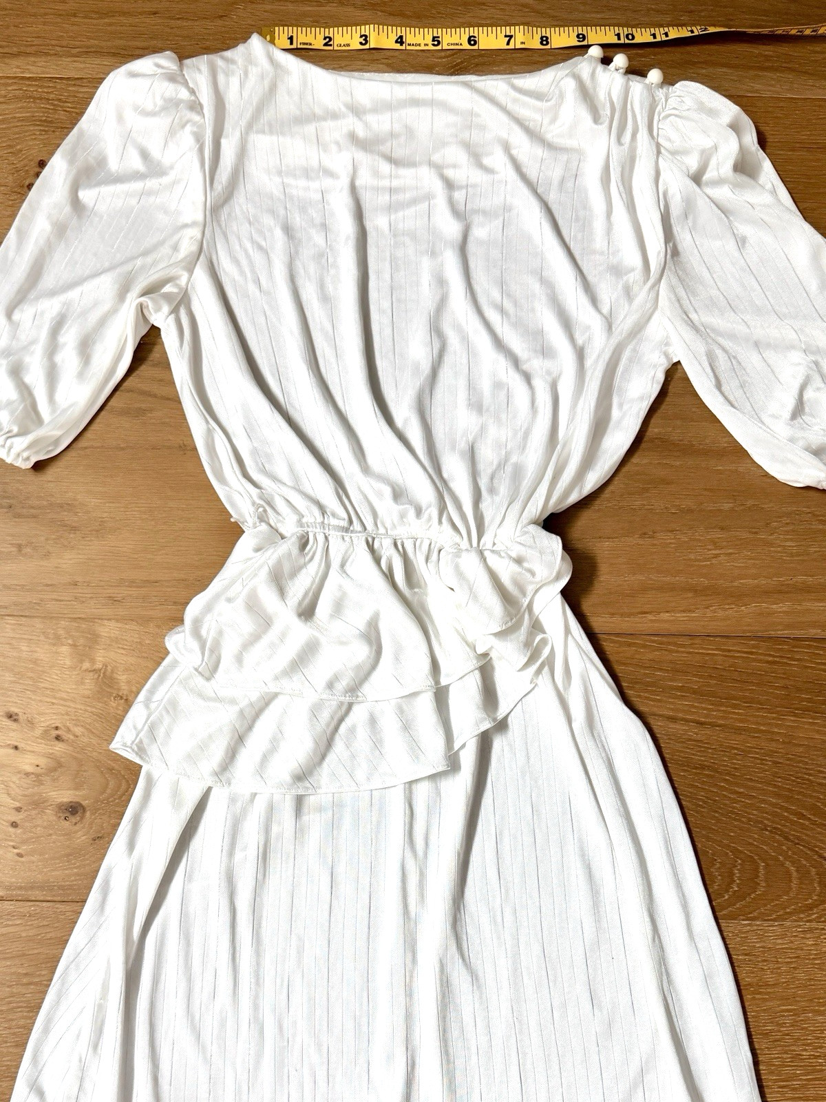 80s VTG Joni Blair Dress White Shimmer Pinstripe Peplum Puff Sleeve Shoulder Pad