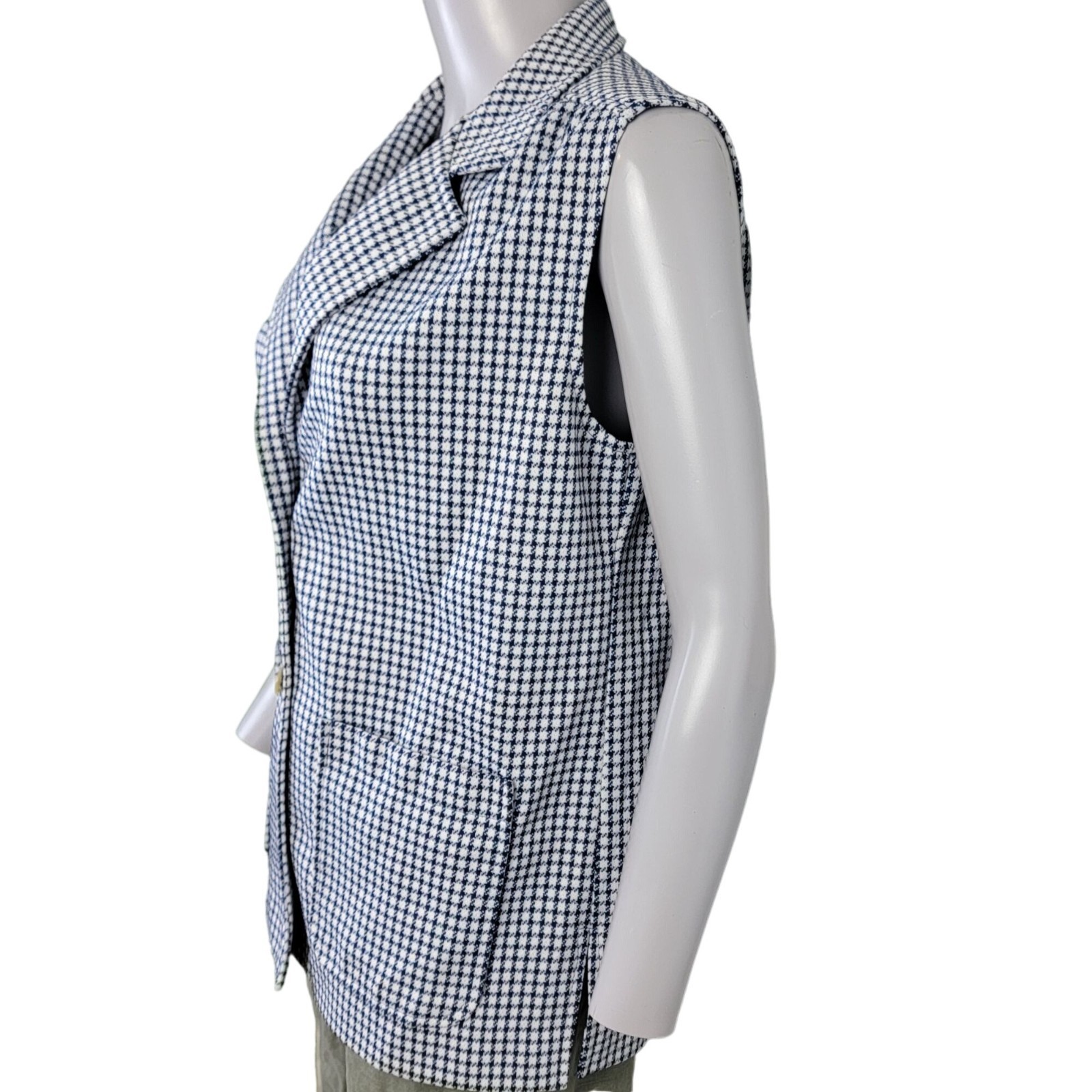 Vintage 70s Vest Jacket Women Medium 8 10 White Blue Top Collar Gingham Retro M