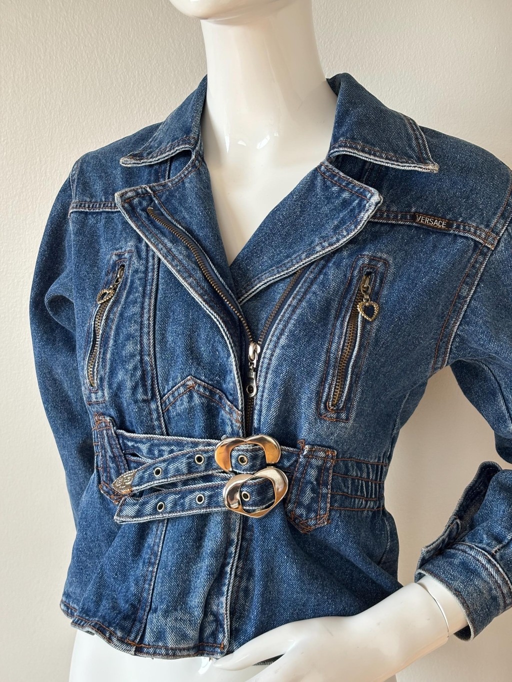 Vintage Versace Jeans Couture Y2K Denim Biker Jacket Medusa Size S
