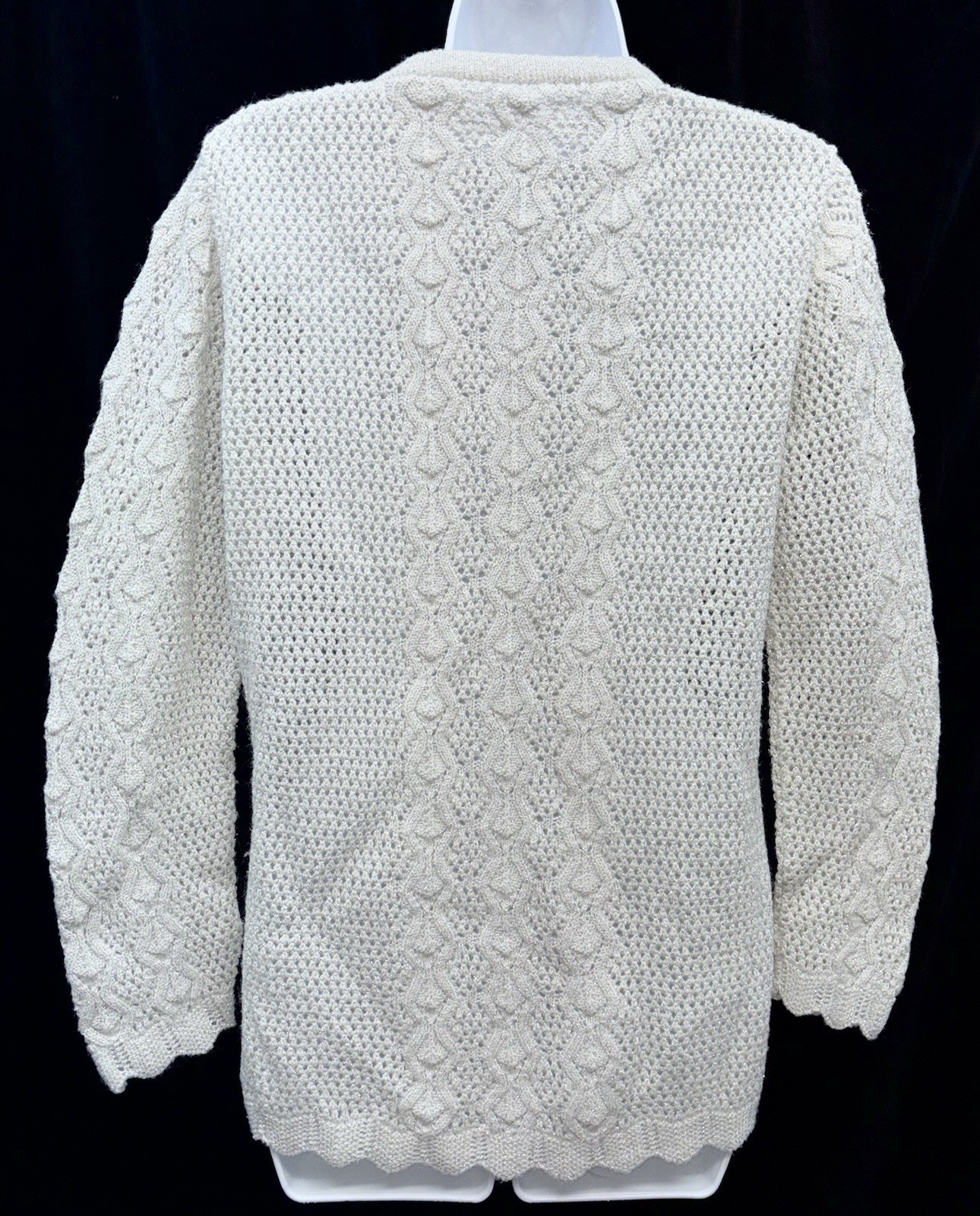 VTG 60s Women Size M Button Up Cardigan Sweater Scalloped Hem Silver Threading
