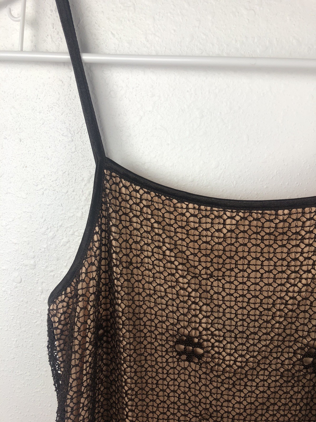 Vintage Express Crochet Lace Slip Dress SZ5/6 Brown Maxi 90s Y2K Festival A6