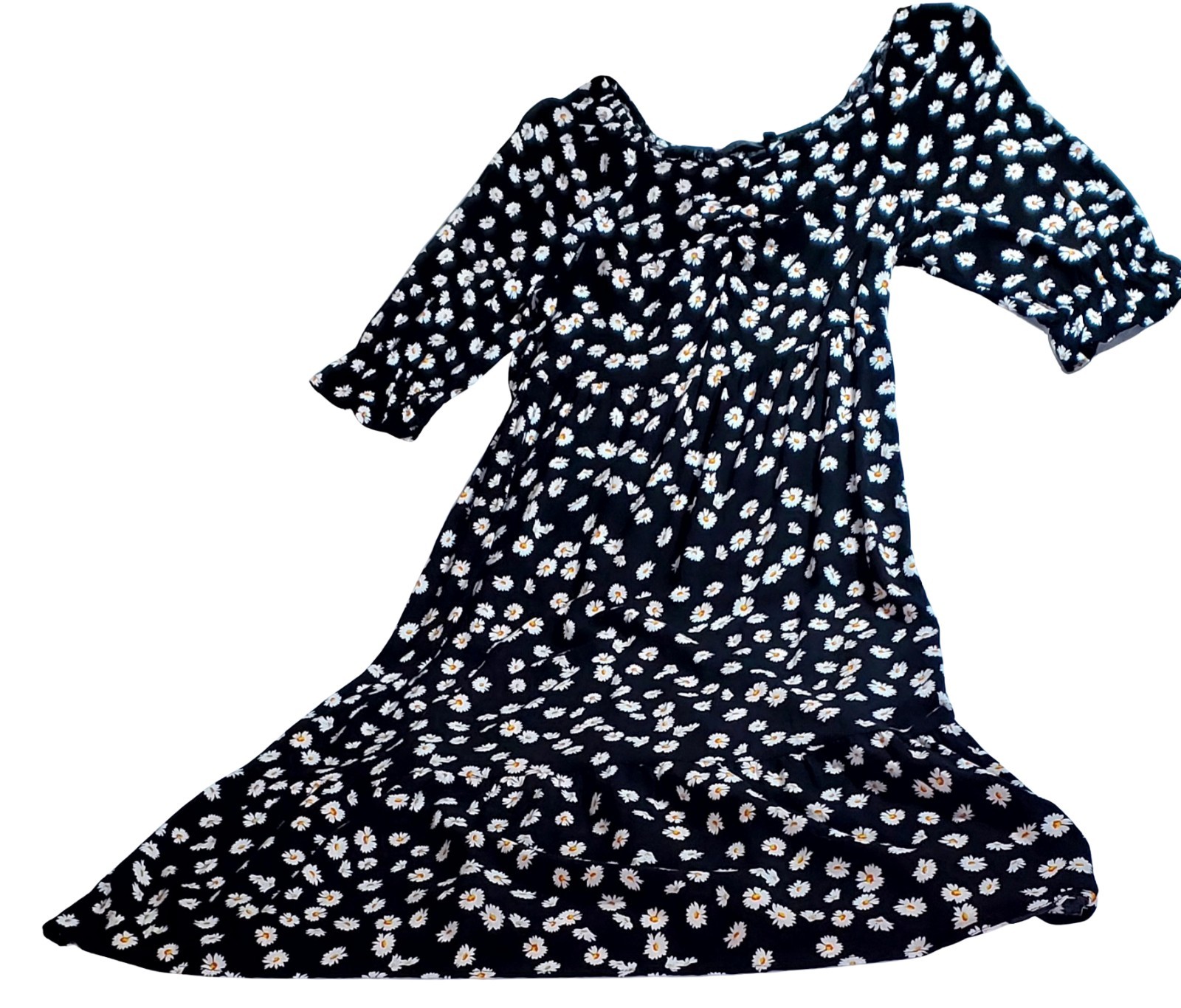Mlle Gabrielle Women’s 1X Black Daisy Floral Ruched Midi Dress Puff Sleeves