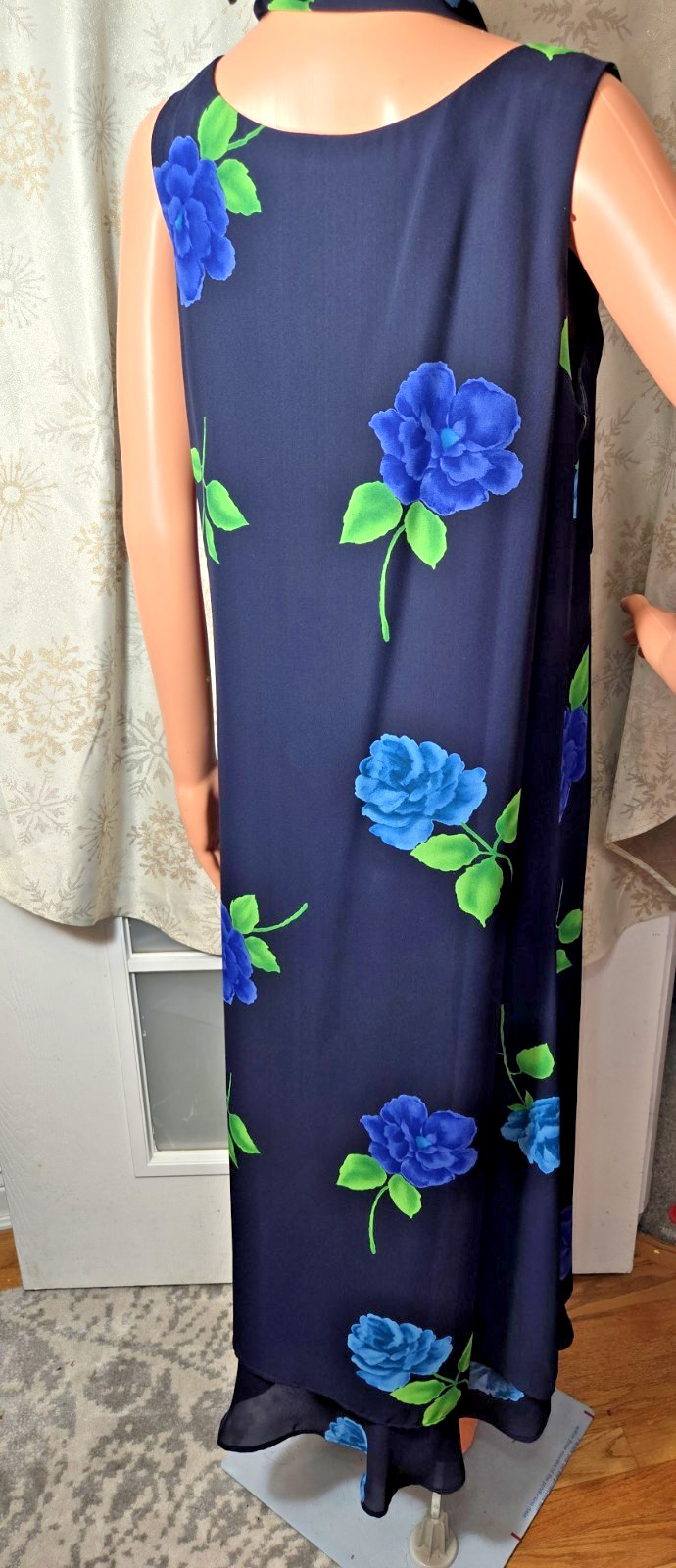 Diana Joy Fashions Floral Maxi Dress & Scarf Blue Roses Size M VTG