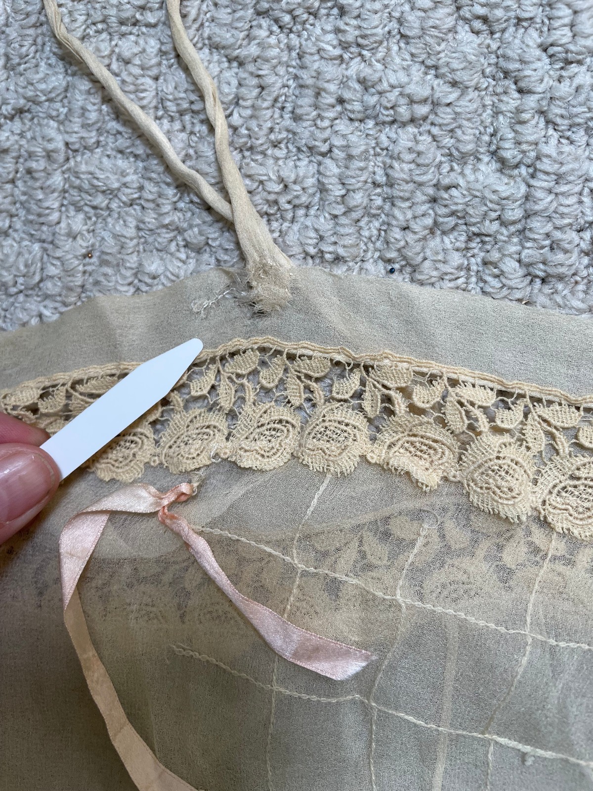 Antique 1900s Victorian Ivory Sheer Silk Slip Teddy Envelope Chemise Lace Holes