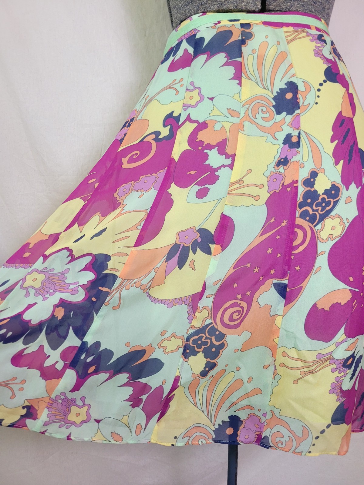Vintage 90s Y2K Psychedelic Knee Length Skirt Silk Floral Bright Mod Gogo 10 M/L