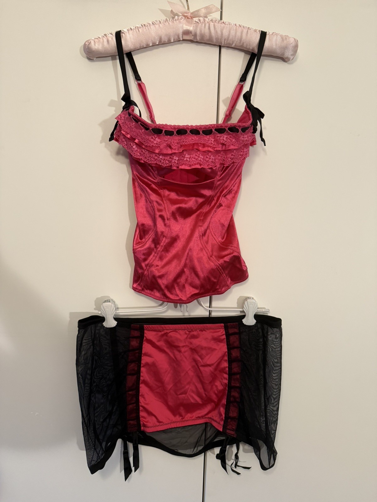 Vntg Victoria Secret “Sexy Little Things” Lingerie Set M/L 34B Pink&Black Satin