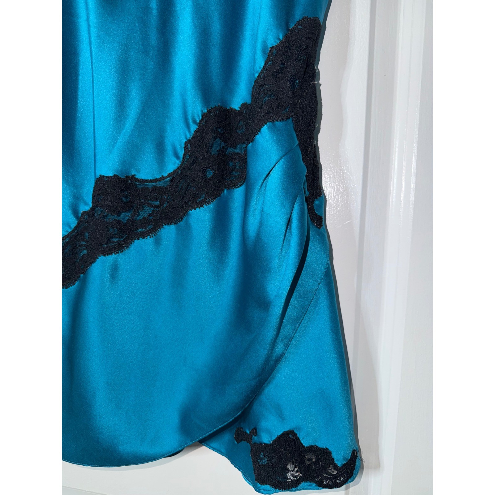 Vintage Victoria’s Secret Blue Satin Lace Trim Slip Dress Size P 90s Nighty