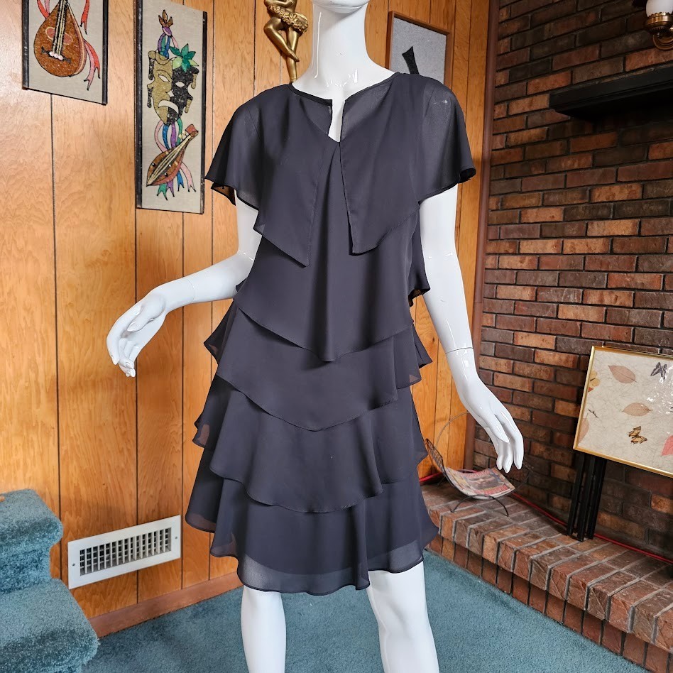 Vtg 80s Disco Sheer Chiffon Crepe Capelet Tiered Handkerchief Hanky Dress S/M P