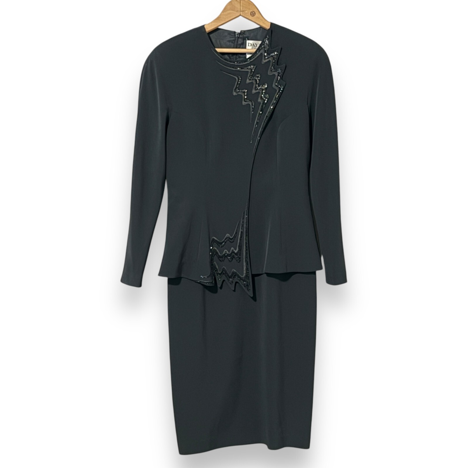 Daymor Mercedes Ferreira Couture Formal Black Beaded Jacket Shirt Dress Suit 6