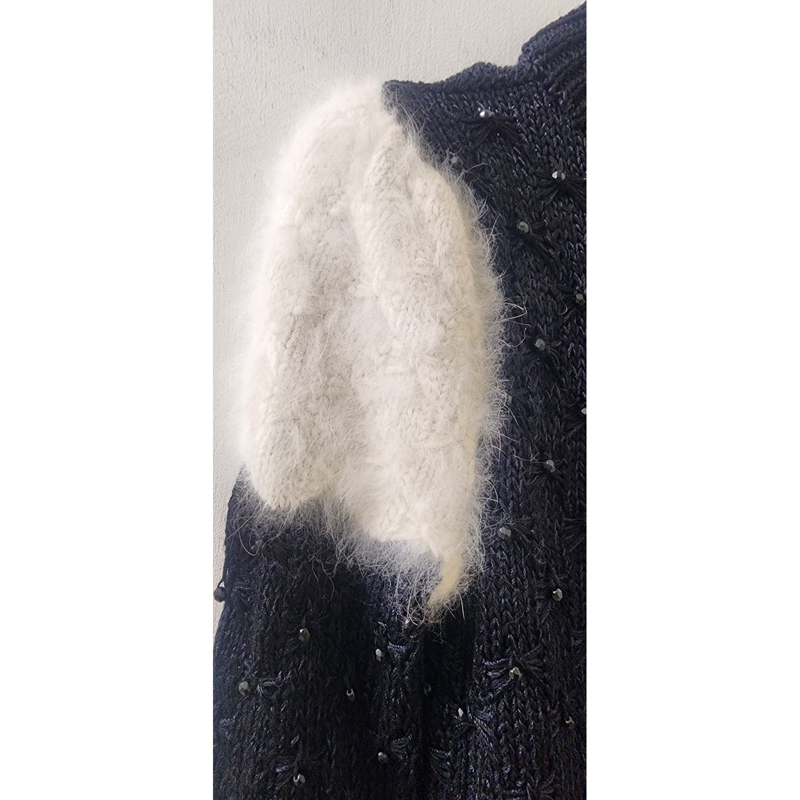 Lillie Rubin Vintage Hand Knit Beaded Angora Wool Sweater Black White Small