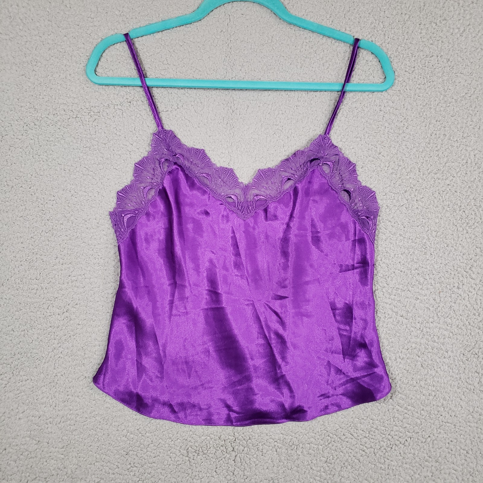 Vtg Victoris Secret 80s Satiny Lace Camisole Top Womens Medium Purple Gold Label