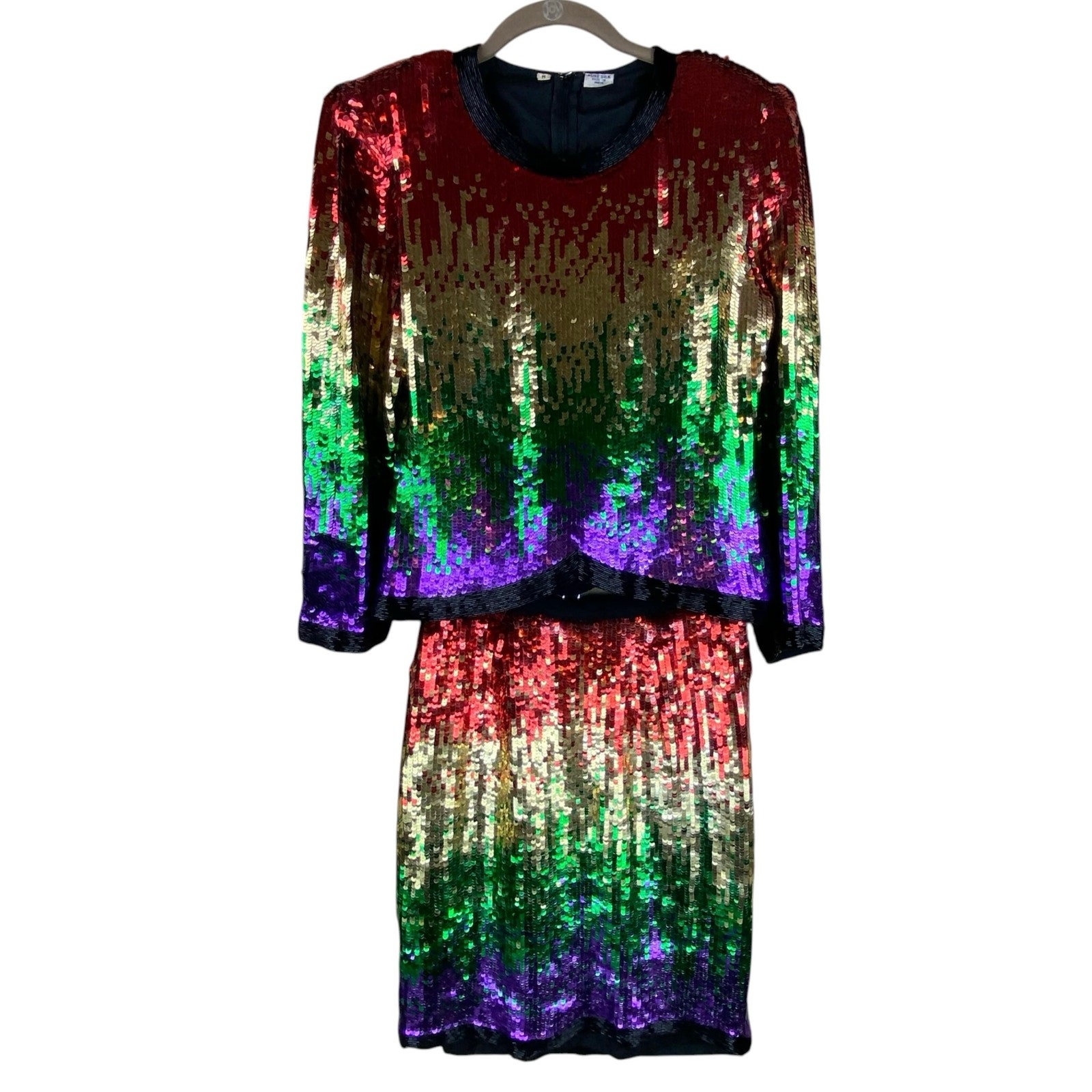 Vintage Rainbow Sequin Top And Skirt Set Size M Colorful Festive Party