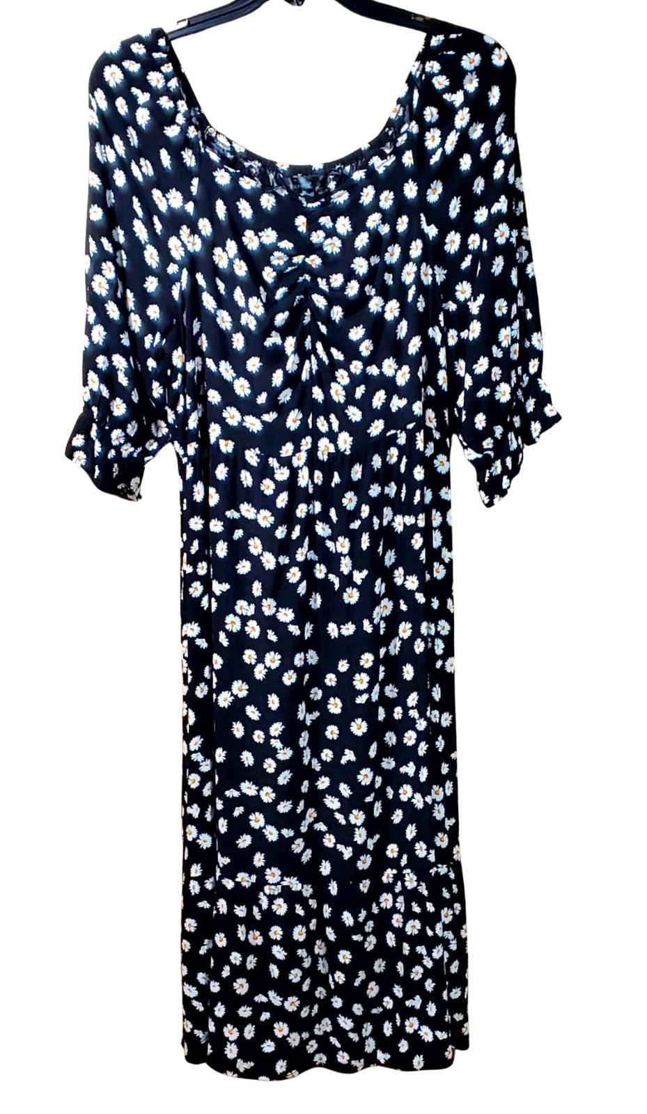 Mlle Gabrielle Women’s 1X Black Daisy Floral Ruched Midi Dress Puff Sleeves