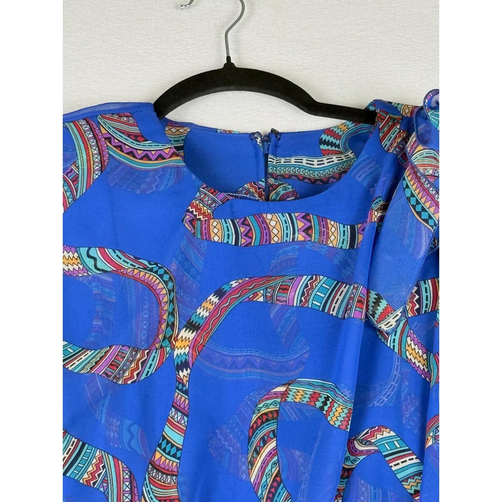 Siasia Dress Womens 10 Blue Geometric Vintage 80s Chiffon Party Statement Bold
