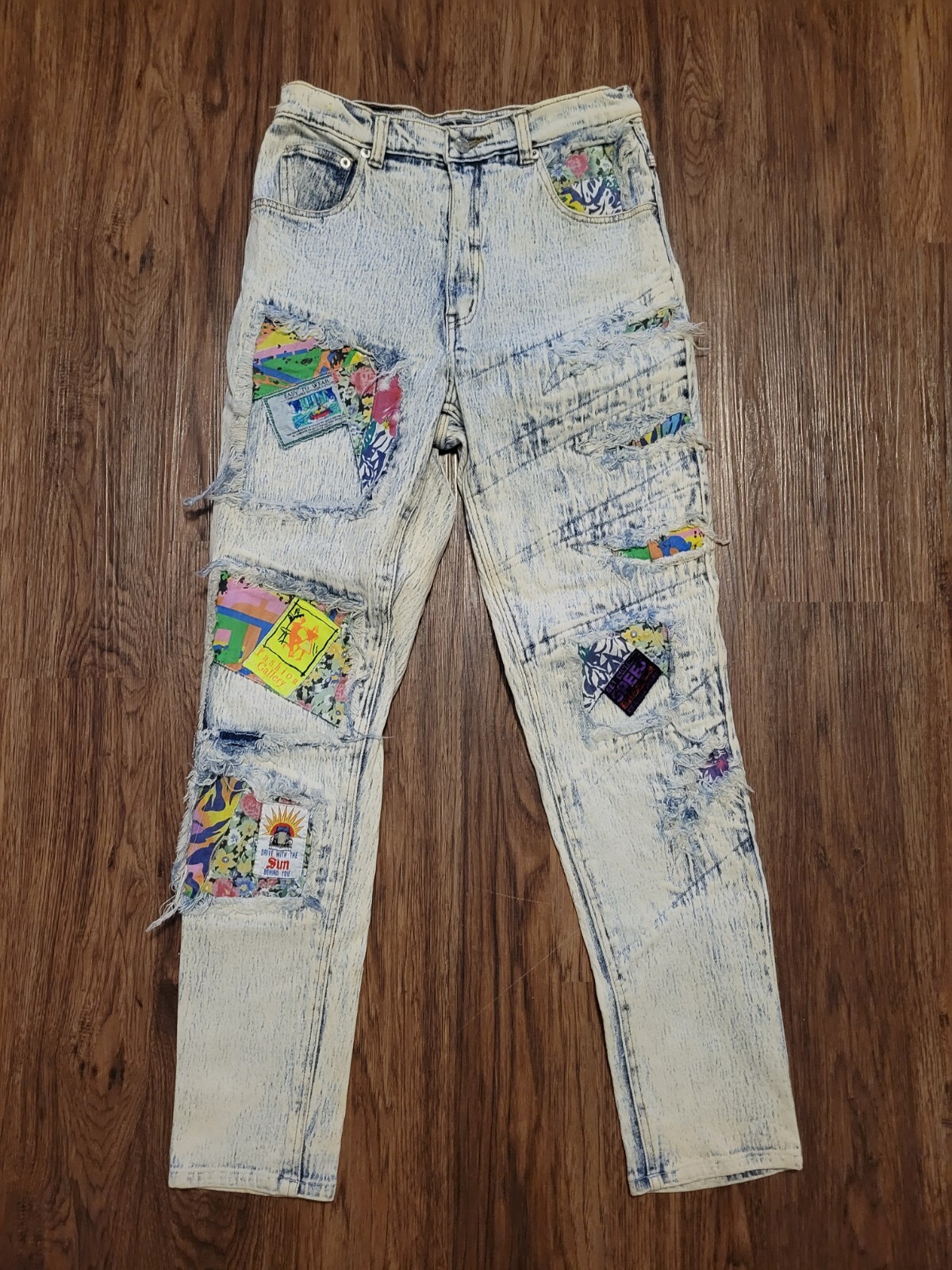 Vintage 90s Acid Stonewashed Jeans Speed Denim Sz 11/12 Frayed Patch Stretch 80s
