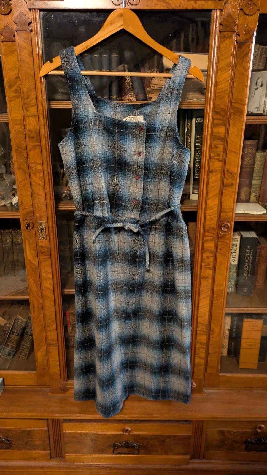 Vintage 90s-Style Plaid Overall Dress, Blue Black and Gray, Size M/L