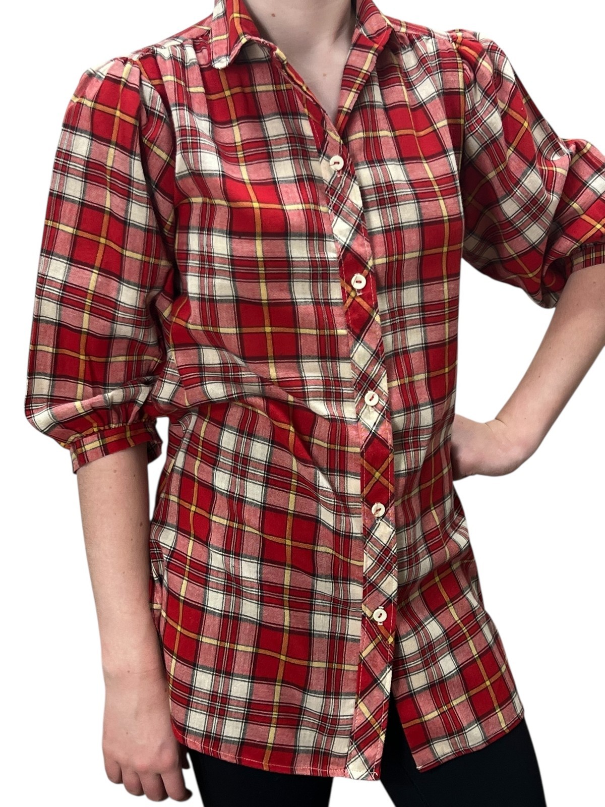 Vtg 70s Sz M SHIRT Red Plaid Puff Slv Button Down TUNIC TOP Underground Factory