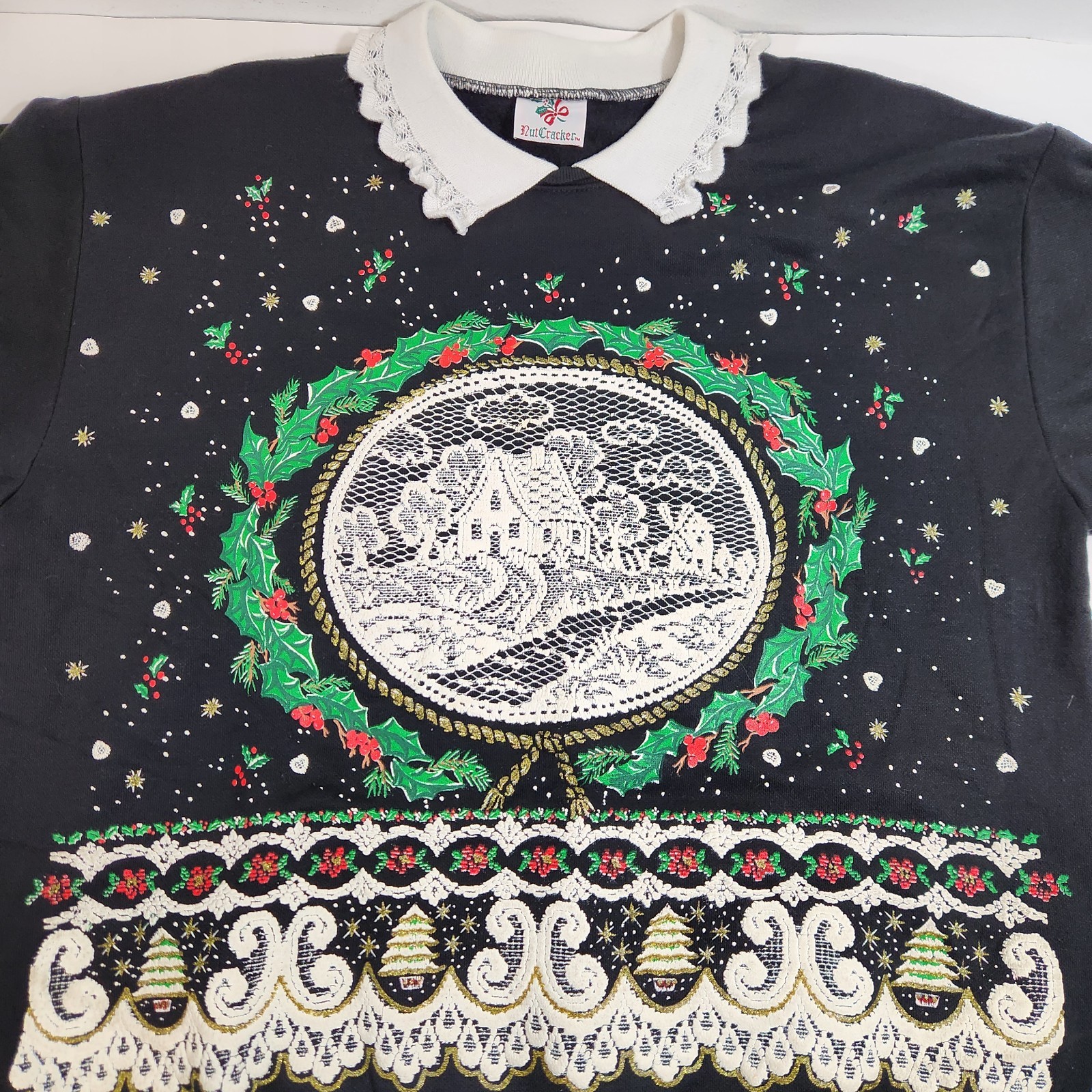 Vintage NutCracker Christmas Sweatshirt Collar Cottagecore Grandma XL Sweater