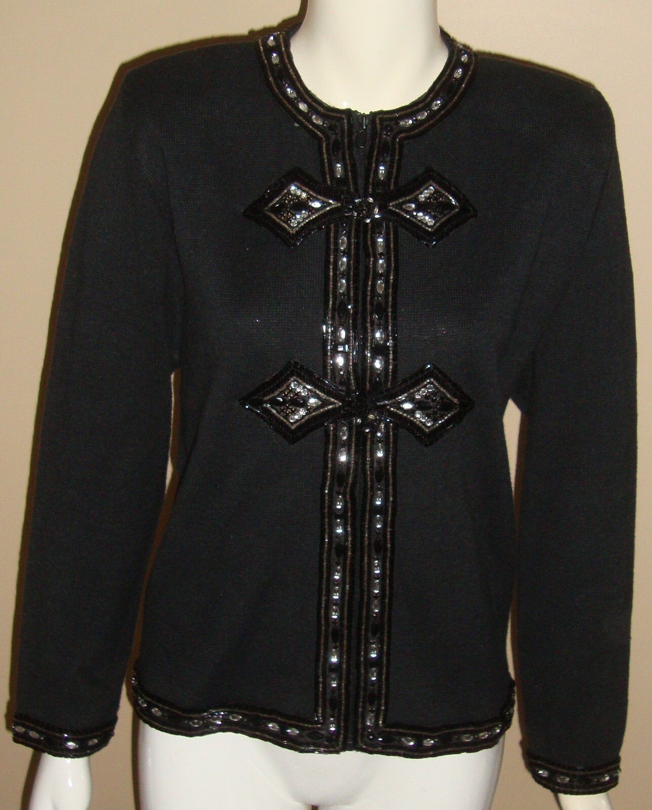 Bonnie Boerer Petite Black Beaded Sweater Zip Knit Jacket Beaded Size S Vintage