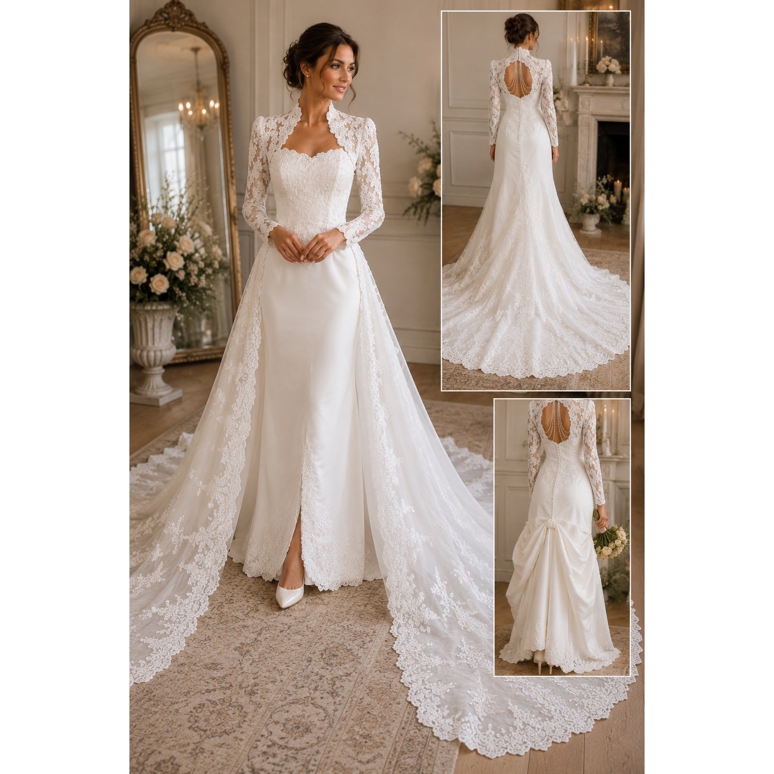 Vintage Wedding Gown with Detachable Bustled Train 1980s / 1990s Bridal Size 8