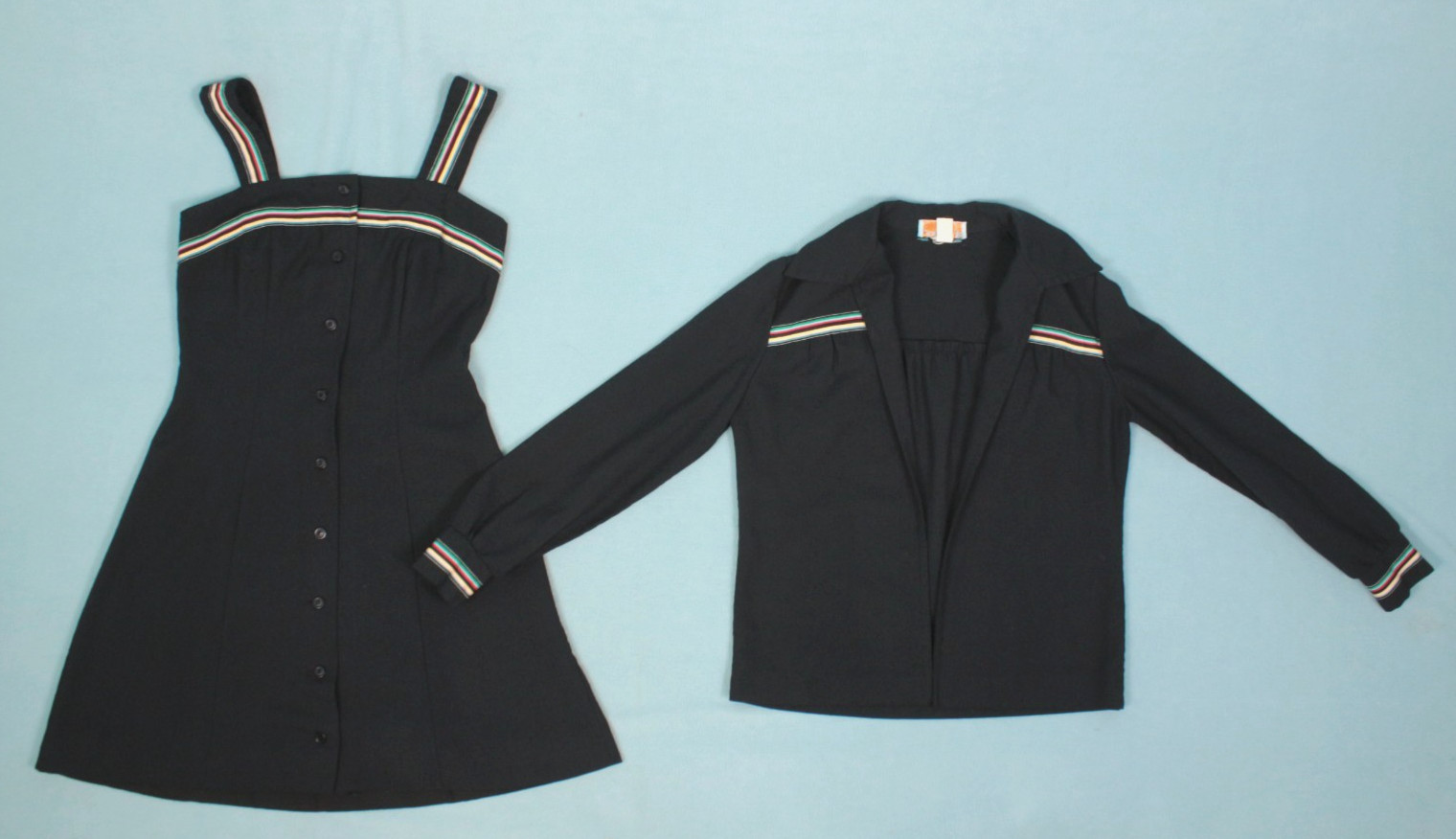 Vtg Women’s 70s 2 Pc Black W/ Rainbow Trim Dress & Top / Shirt Set XS/S 1970s