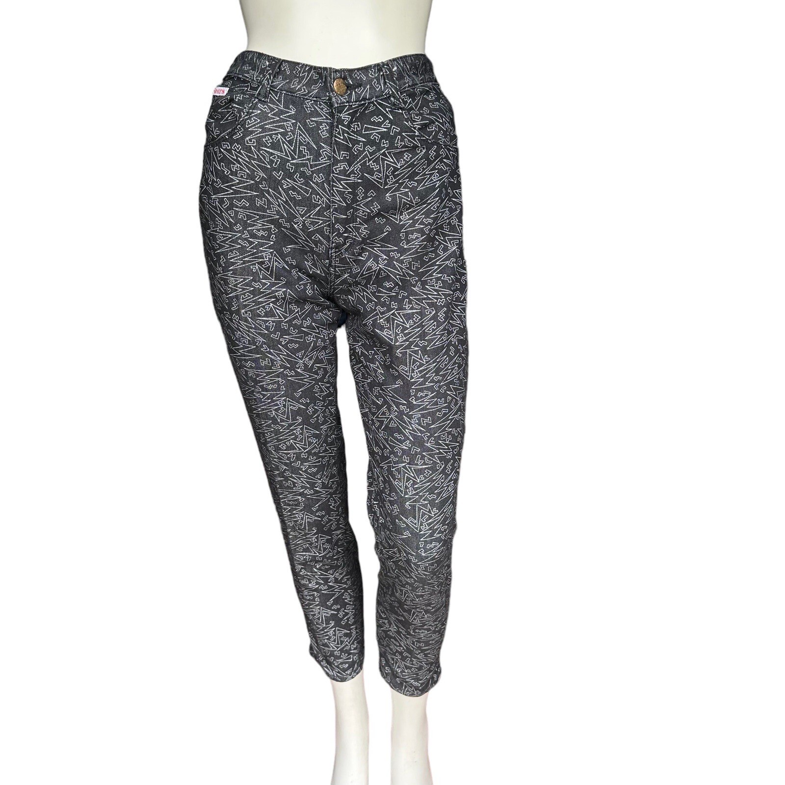 Vintage 90s Geometric Lightning Bolt Print Black & White Jeans 7/8 24″ Waist.