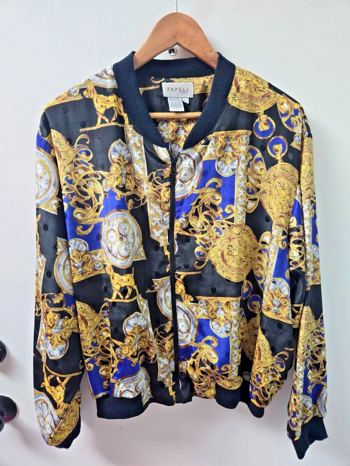 Vintage 1990s Silky Bomber Jacket Clock Rococo Baroque Papell Too L